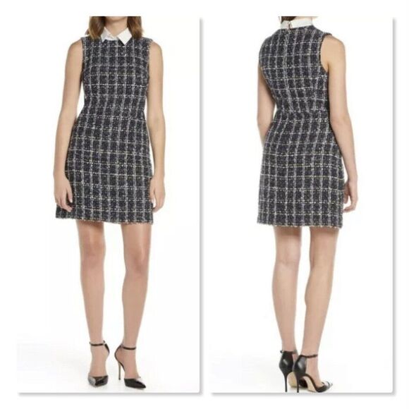 🔆 ELIZA J 🔆 Boucle Tweed Detachable Shirt Collar Dress - [size 2, Blue] - Picture 1 of 12